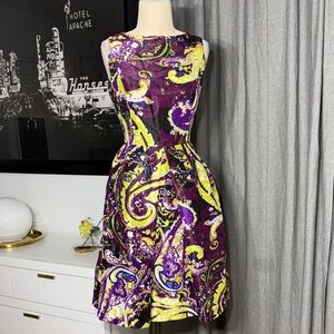 Isaac Mizrahi Purple and Yellow Patterned Midi Dress